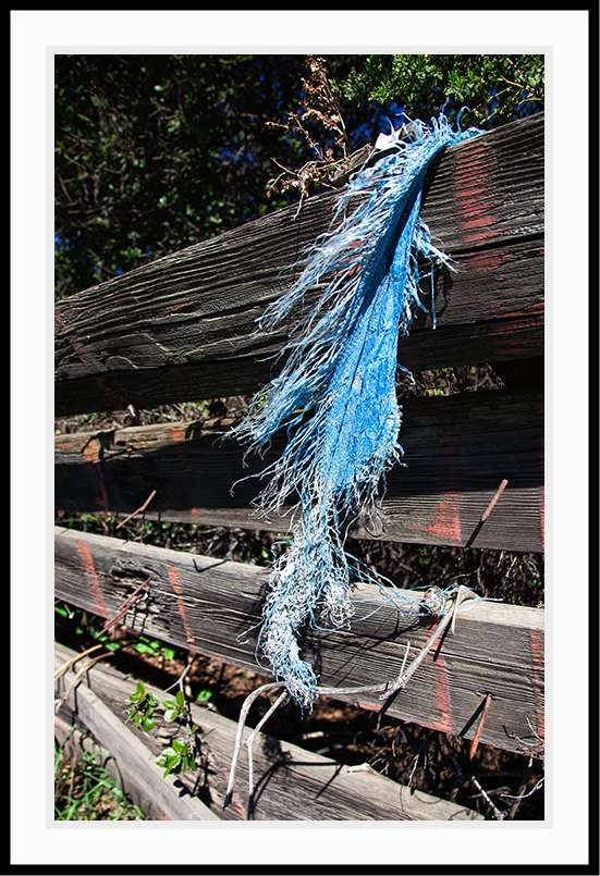Wood Fence with blue material hanging from it.
